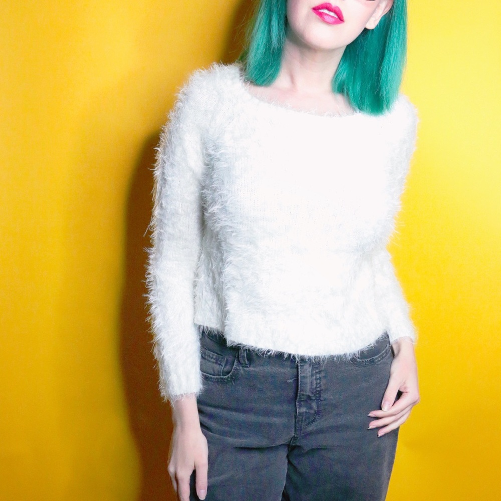 Cream Fuzzy Cropped Sweater